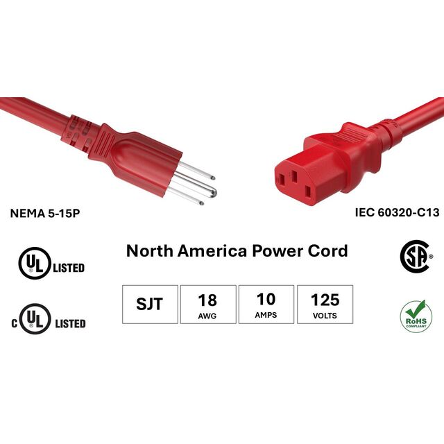 PWR CORD NEMA5-15P/C13 18AWG 6'