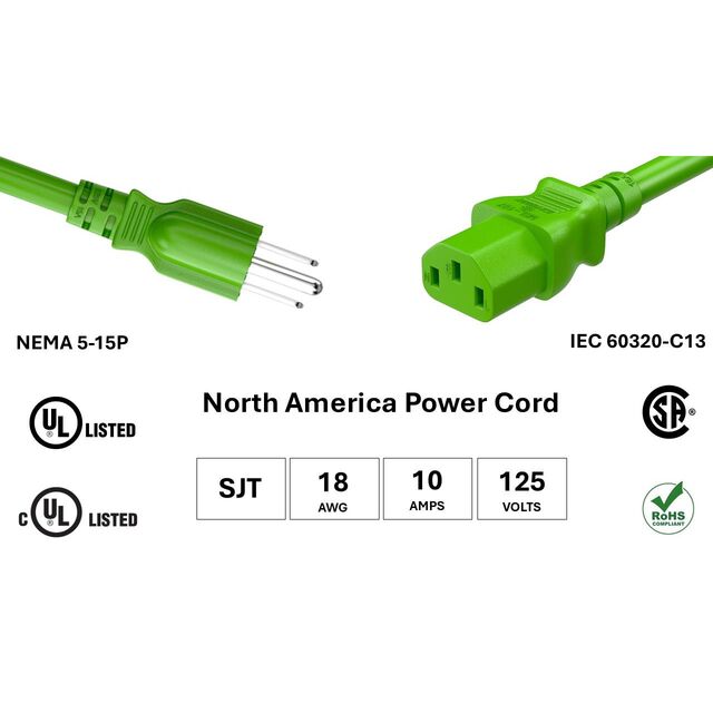 PWR CORD NEMA5-15P/C13 18AWG 10'
