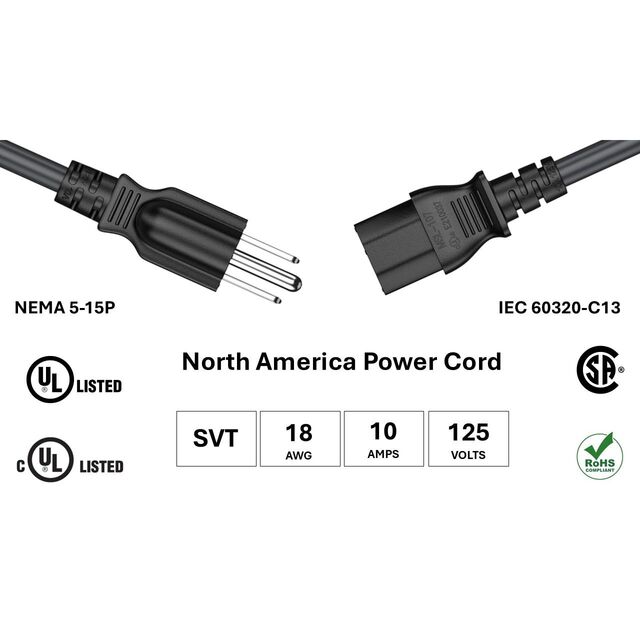 PWR CORD NEMA5-15P/C13 18AWG 15'