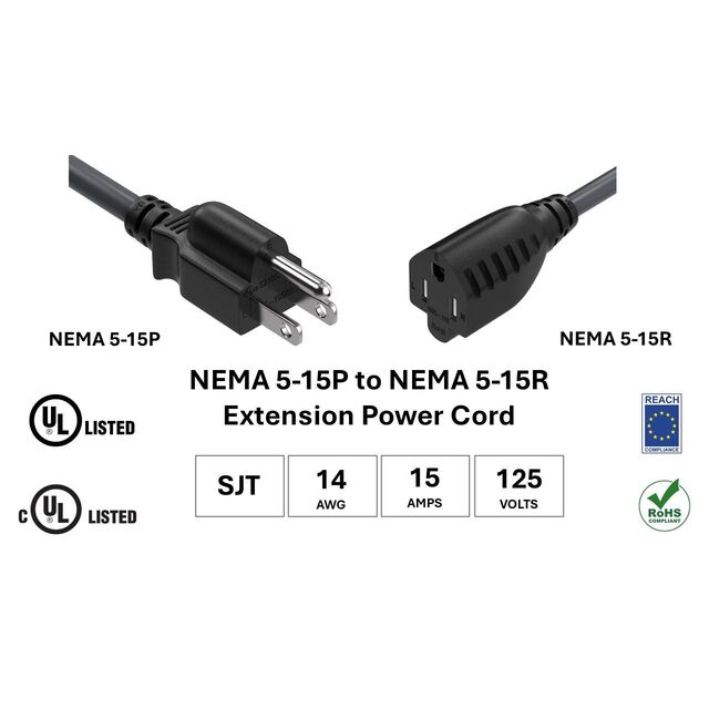 EXT PWR CRD 5-15P/15R 14AWG 1'