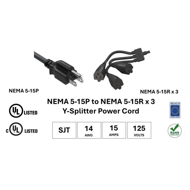 PWR Y-CBL NEMA5-15P/5-15R x3 36"
