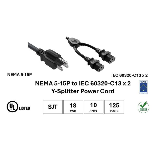 PWR Y-CBL NEMA 5-15P/C13 x2 6'